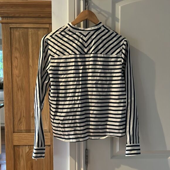 🎀Rag & bone Leeds white and blue striped linen button up blouse small Mandarin - Picture 9 of 11